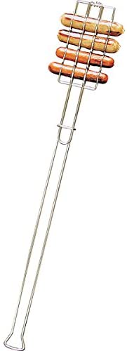 Cook 4 hot dogs without poking the meat. Simply place them inside the chromeplated steel cooking cavity. Close, lock and grill. 29" overall length. For open fire or bbq use. 29" length, chrome plated steel