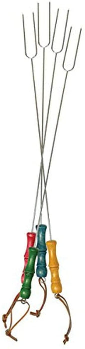 These fresh and vibrant forks are perfect for summertime get-togethers. Forks have turned wood handles in 4 different primary colors for a distinctive cottage retro look. Smore making here we come! 22" overall length. Chrome plated steel with wood handle