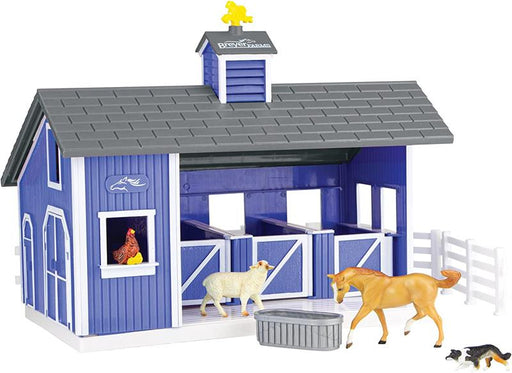 Breyer Farms has an exciting new playset - Home at the Barn! This beautiful blue, 3-stall barn comes complete with fencing, a dog, a sheep, a hen with chicks, a Stablemates horse, and water trough.