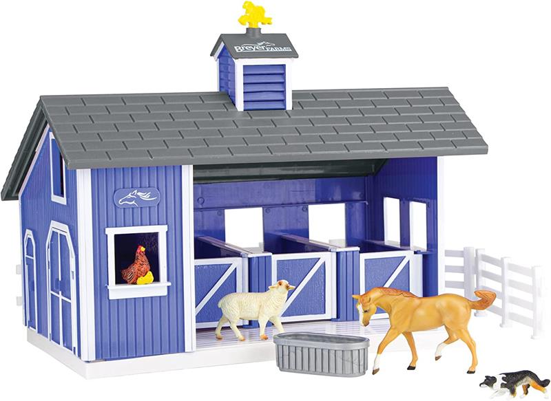 Breyer Farms has an exciting new playset - Home at the Barn! This beautiful blue, 3-stall barn comes complete with fencing, a dog, a sheep, a hen with chicks, a Stablemates horse, and water trough.