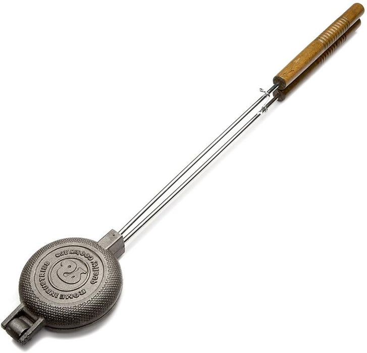 The round cast iron pie iron from Rome is perfect for cooking desserts & savory pies over a campfire or firepit.  The round design is made to crimp down on the edge of the bread crust to form a round pie that seals in the goodness. 4.25" diameter
