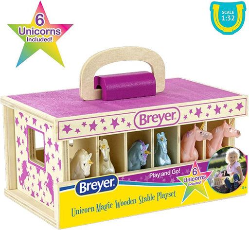 Breyer Farms Unicorn Magic Wooden Stable with carry handle - The Unicorn Magic Wooden Stable Playset comes complete with 6 Stablemates unicorns. Designed to be easy for small hands to carry, the wooden stable with carry handle makes the perfect take-along
