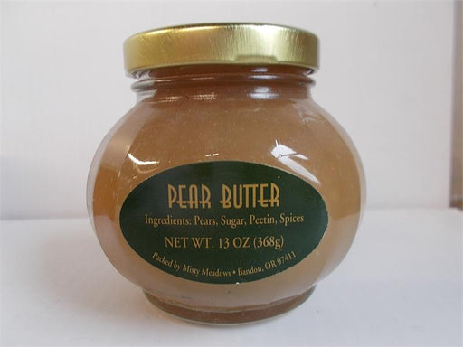 Pears from the Willamette Valleyblushed with sun end up in here.The butter is smooth and sweet.Special spices are added tocomplement the full pear flavor. 13 oz. jar  Ingredients: Pears, sugar, pectin, spices.