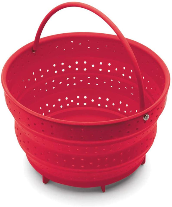 Collapsible Red Steamer Basket with handle. Fits Instapot 6 quart LUX models. Cooks eggs, fish, easy clean up. Collapases for compact kitchen storage.