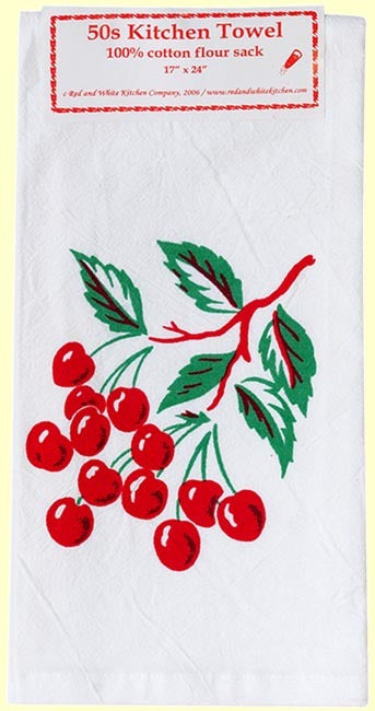 Bursting with color, our vintage-inspired cherries design is printed on cotton flour sack.  17" x 24"; j hook.