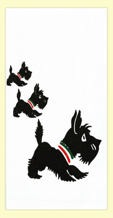 Three adorable Scottie Dogs decorate this 100% cotton flour sack towel. Towel measures 17" x 24". Brand New with Tags.