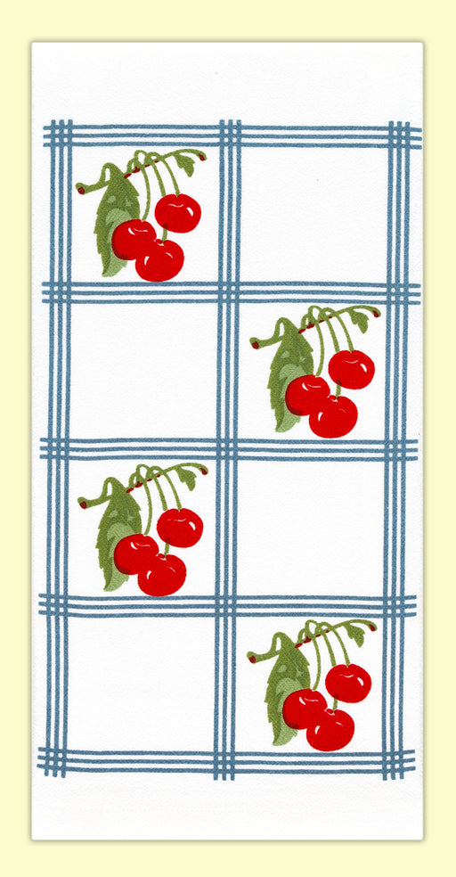 Red and White Kitchen Country Cherry Towel with Blue Tiles #VL74  Vintage-look, country-style flour sack towel with blue tile squares and clusters of bright red cherries. Measures 17" x 24". 100% Cotton flour sack towel.  Flour Sack towels were originally