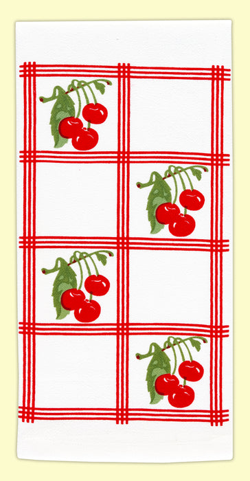 Vintage-look, country-style flour sack towel with red tile squares and clusters of bright red cherries. Measures 17" x 24". 100% Cotton flour sack towel.