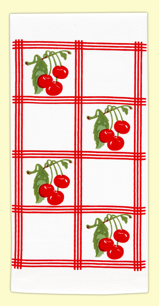Vintage-look, country-style flour sack towel with red tile squares and clusters of bright red cherries. Measures 17" x 24". 100% Cotton flour sack towel.