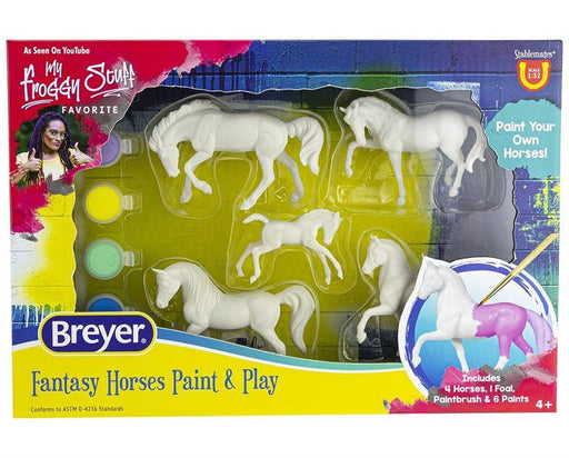 Enjoy one of Breyer's most popular activities at home! Stablemates Painting! Five horses, each base coated and ready to paint! Includes: 5 Stablemates horses, 6 fantasy color paint pots, and 1 paintbrush. A fun activity for the whole family!
