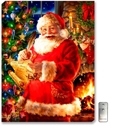 Glow Décor Checking It Twice Illuminated Wall Art #D1117 A bright and jolly Santa Claus is posed with his list of naughty and nice, and he's checking it twice. Background has an elegant and colorful Christmas tree, and Santa is standing in front of a warm, crackling stone fireplace.