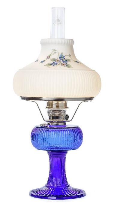 Aladdin Cobalt Grand Vertique Nickel with Petite Violets #100020946 Crownplace Brands is proud to announce the Limited Edition Aladdin Signature Series Grand Vertique Cobalt Blue Table Lamp with hand-painted Petite Violets shade.<BR><BR>The glass pedestals, bowls, and shades were produced by Mosser Glass in Cambridge, Oh