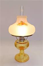 Model #100023034 features hand-painted Chrysanthemum floral design in autumn shades of orange, amber, honey, rust, tans, browns, and greens on a frosted glass Grand Vertique shade. The lamp is accented with Nickel plated brass hardware and comes with a Ma