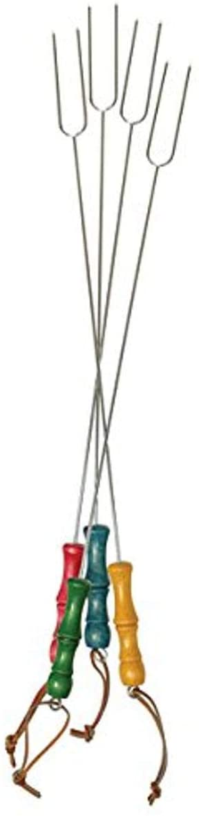 These fresh and vibrant forks are perfect for summertime get-togethers. Forks have turned wood handles in 4 different primary colors for a distinctive cottage retro look. Smore making here we come! 22" overall length. Chrome plated steel with wood handle