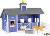 Breyer Farms has an exciting new playset - Home at the Barn! This beautiful blue, 3-stall barn comes complete with fencing, a dog, a sheep, a hen with chicks, a Stablemates horse, and water trough. 