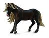 Prancing dark brown toy horse firgure with light mane and tail.