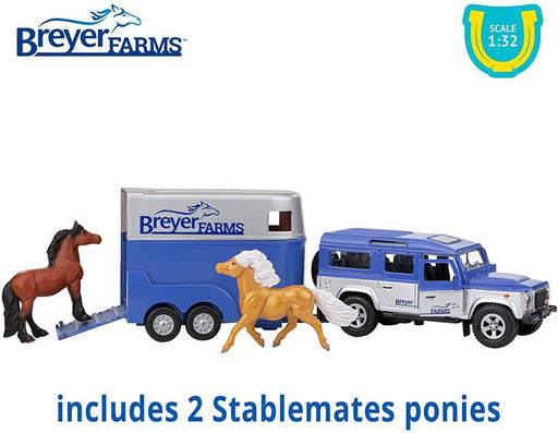 Breyer Farms Land Rover® and Tag-a-Long Trailer - This stylish die cast Land Rover® has working front doors and rolling wheels, and connects easily to the two-horse tag-a-long trailer. Perfectly sized for the 2 included Stablemates ponies, the trailer fea