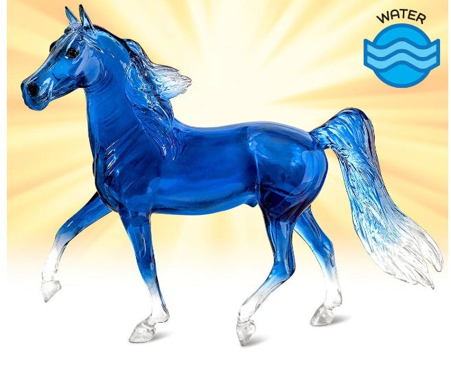 Kai is a striking Morgan stallion who embodies flowing water and captures the elegance of a water-type horse. His deep blue coat and shimmering silver accents represent the ocean waves glistening in the sunlight.