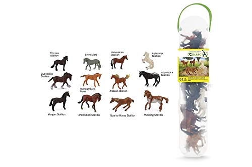 Set includes: Standing Black Friesian Stallion, Walking Grey Shire Mare, Standing Bay Hanoverian Stallion, White Prancing Lippizzaner Stallion, Running Bay Clydesdale Stallion, Galloping Chestnut Thoroughbred Foal, Running Chestnut Arabian Stallion, Stand