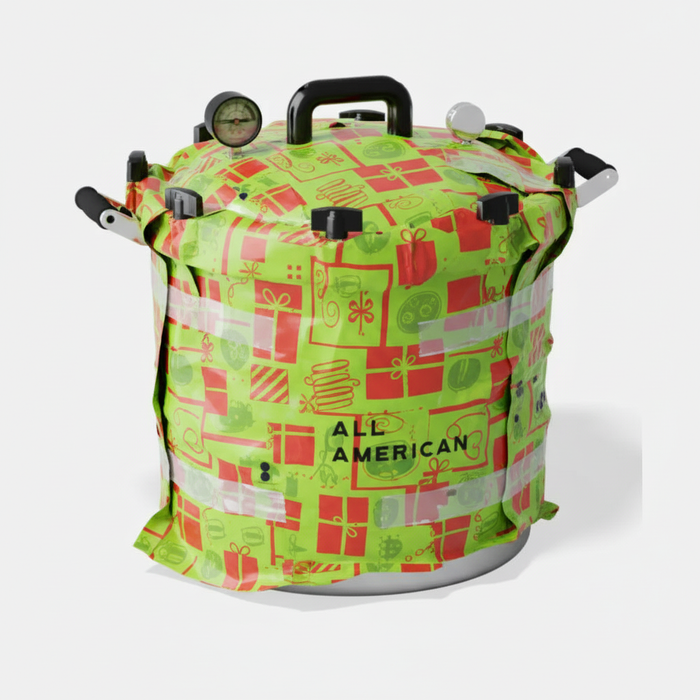 All American pressure cooker wrapped in holiday paper