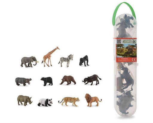 Models included in the #A1105 Set from CollectA are: African Elephant, Giraffe, Zebra, Western Gorilla, Hippopotamus, American Black Bear, Brown Bear, Water Buffalo, White Rhino, Panda, Tiger, and African Lion.