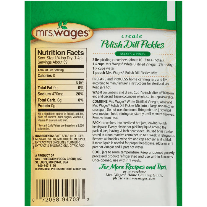 Mrs. Wages Polish Dill Pickle Mix - Home Canning Seasoning for Crispy Dill Pickles