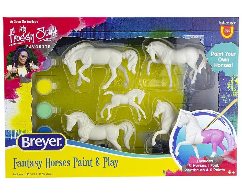 Enjoy one of Breyer's most popular activities at home! Stablemates Painting! Five horses, each base coated and ready to paint! Includes: 5 Stablemates horses, 6 fantasy color paint pots, and 1 paintbrush. A fun activity for the whole family!