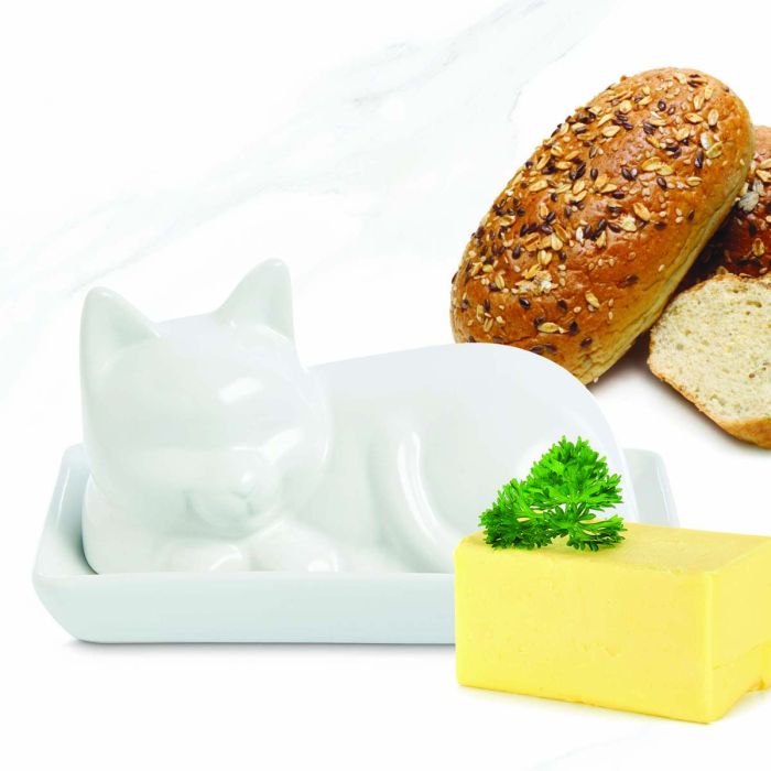 HIC Kitchen Porcelain Cat Butter Dish with Lid
