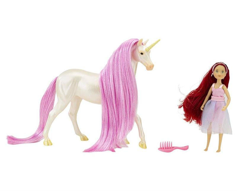 The Magical Unicorn Sky is a shimmery white creature with silky two-tone pink mane & tail; a true beauty. Accompanied by the fantasy rider, Meadow, a 5.75 articulated rider dressed in fantasy inspired outfit. 