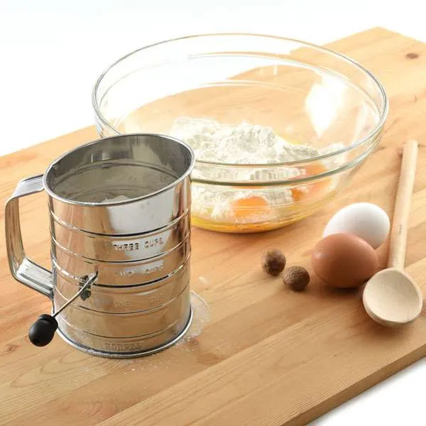 NorPro 3 Cup Stainless Steel Rotary Flour Sifter - Hand Crank with 2-Wire Agitator