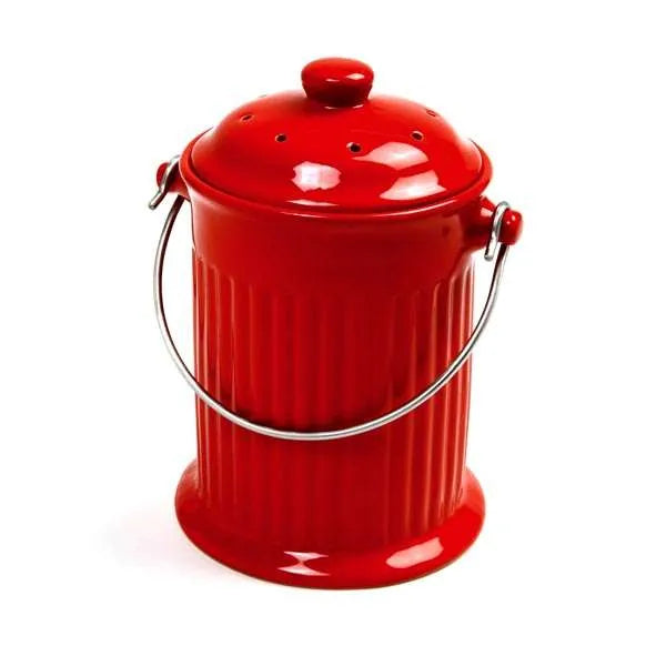 NorPro 1 Gallon Ceramic Kitchen Composter - Red Countertop Compost Bin with Filter