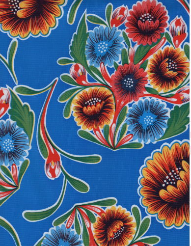 Blooms on Bright Blue Oilcloth Fabric by the Yard - 47.5" Wide