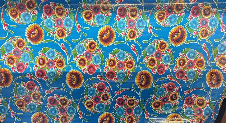 Blooms on Bright Blue Oilcloth Fabric by the Yard - 47.5" Wide