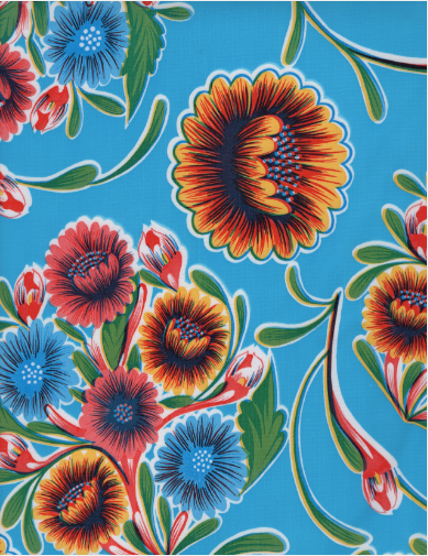 Blooms on Light Blue Oilcloth Fabric Full Bolt - 12 Continuous Yards, 47.5" Wide