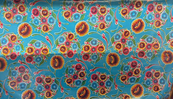 Blooms on Light Blue Oilcloth Fabric Full Bolt - 12 Continuous Yards, 47.5" Wide
