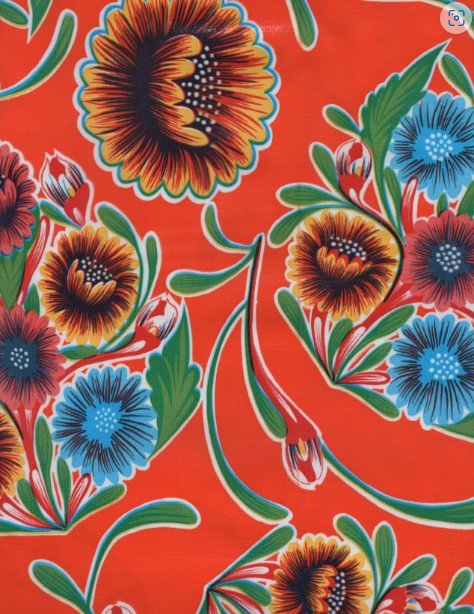 Blooms on Orange Oilcloth Fabric Full Bolt - 12 Continuous Yards, 47.5" Wide