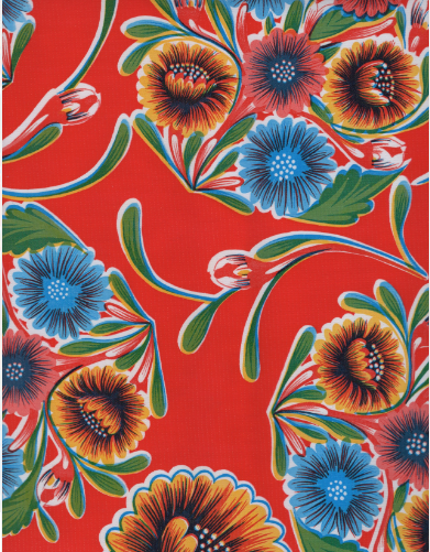 Blooms on Red Oilcloth Fabric Full Bolt - 12 Continuous Yards, 47.5" Wide