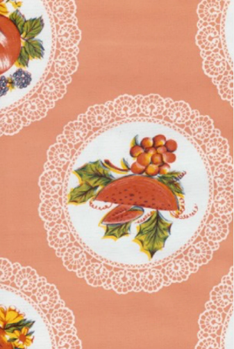 Doily with Fruit on Salmon Pink Oilcloth Fabric by the Yard, 47.5" Wide