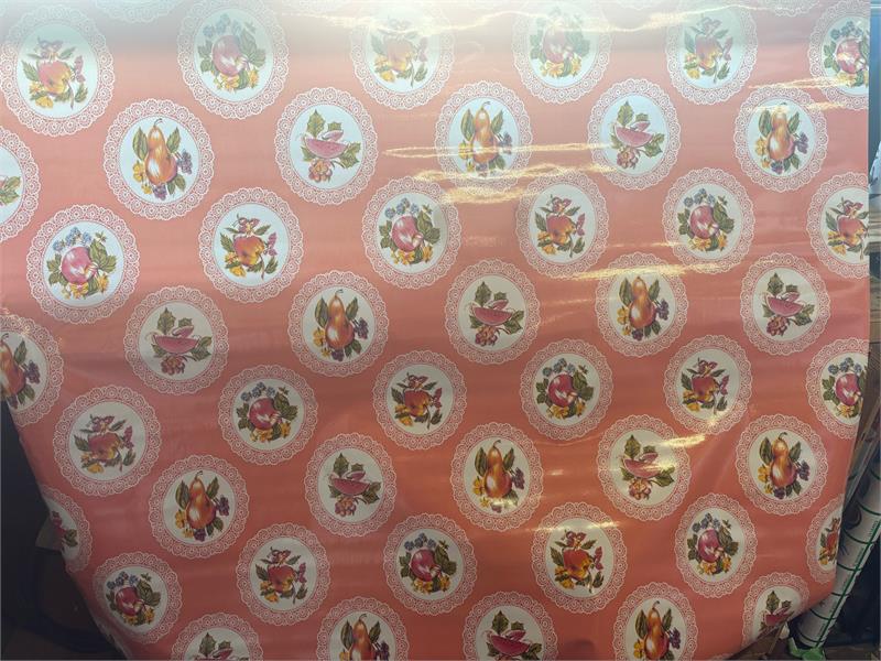 Doily with Fruit on Salmon Pink Oilcloth Fabric by the Yard, 47.5" Wide
