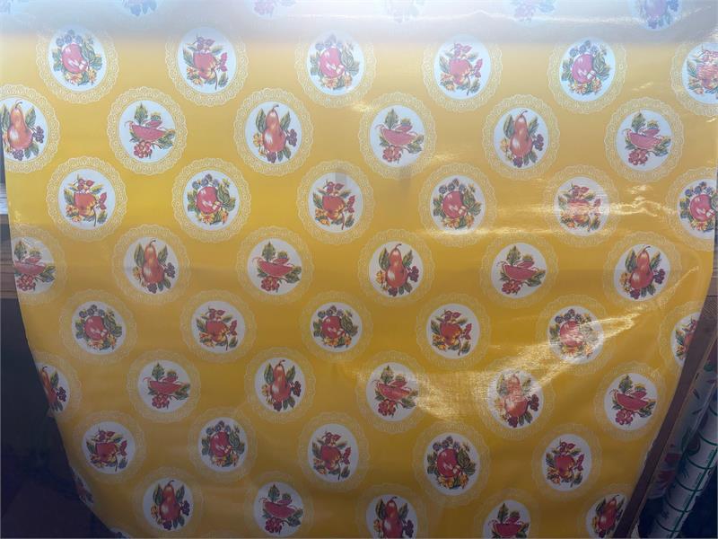 Doily with Fruit on Yellow Oilcloth Fabric Full Bolt - 12 Continuous Yards, 47.5" Wide