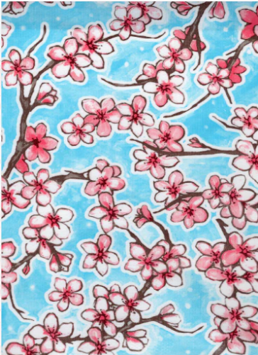 Fuji Cherry Blossom on Aqua Oilcloth Fabric Full Bolt - 12 Continuous Yards, 47.5" Wide