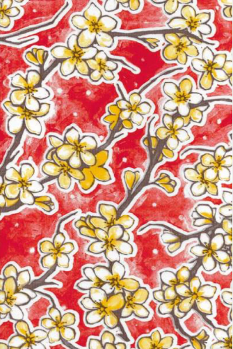 Fuji Cherry Blossom on Red Oilcloth Fabric Full Bolt - 12 Continuous Yards, 47.5" Wide