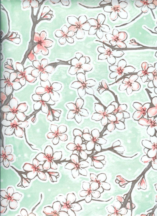 Fuji Cherry Blossom on Seafoam Green Oilcloth Fabric by the Yard - 47.5" Wide