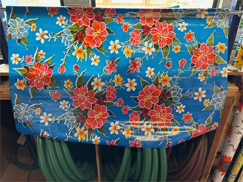 Hibiscus on Blue Oilcloth Fabric by the Yard - 47.5" Wide