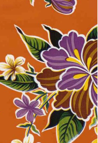 Hibiscus on Orange Oilcloth Fabric by the Yard - 47.5" Wide
