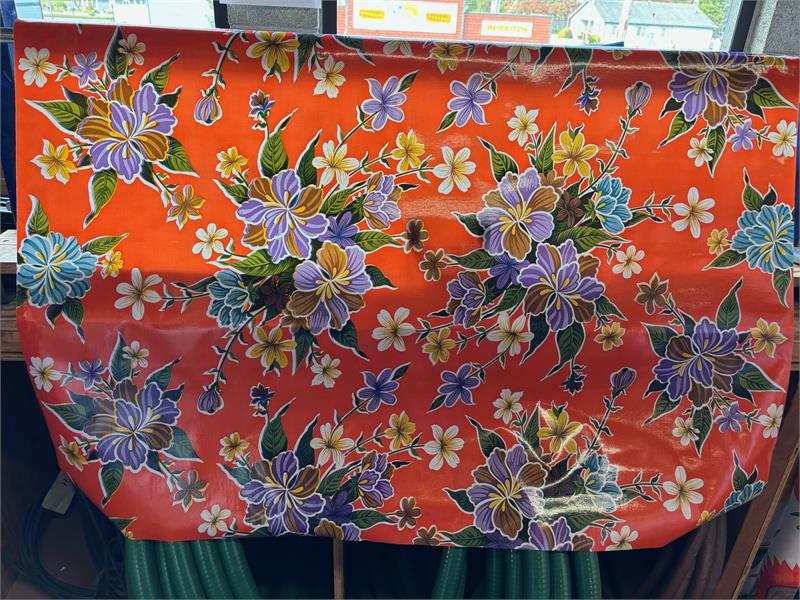 Hibiscus on Orange Oilcloth Fabric by the Yard - 47.5" Wide