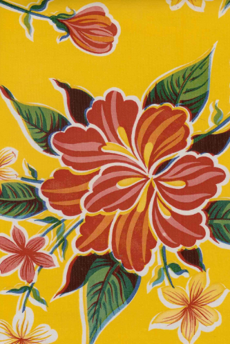 Hibiscus on Yellow Oilcloth Fabric by the Yard - 47.5" Wide