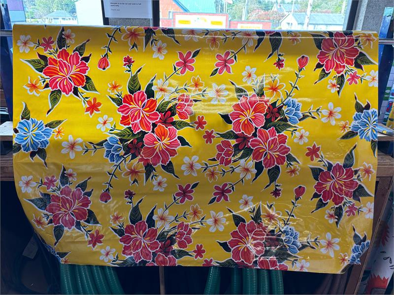 Hibiscus on Yellow Oilcloth Fabric by the Yard - 47.5" Wide