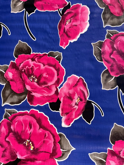 Iceland Fuchsia on Blue Oilcloth Fabric Full Bolt - 12 Continuous Yards, 47.5" Wide