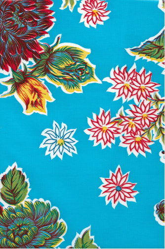 Mums on Light Blue Oilcloth Fabric Full Bolt - 12 Continuous Yards, 47.5" Wide